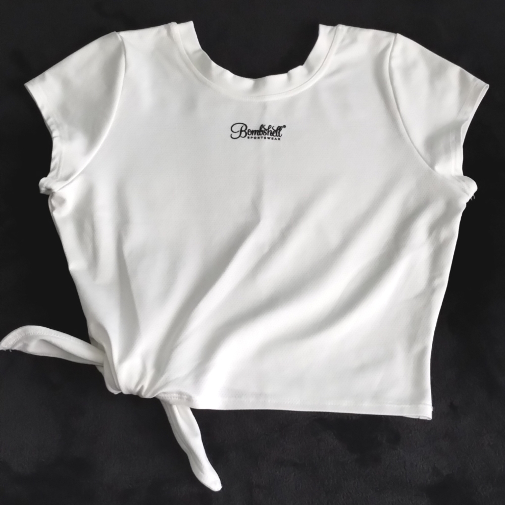 Bombshell Mesh Tee White with Black Logo & Side Tie